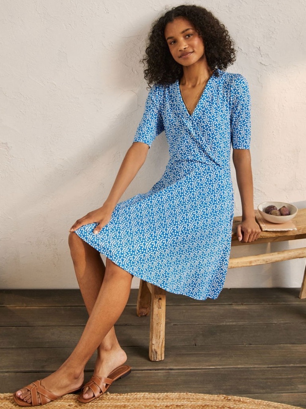 Boden Fixed Wrap Jersey Dress Blue White Polka Dot Size 8